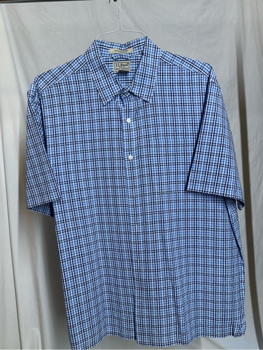 L.L. Bean Light Blue and Navy Plaid Short-Sleeve Button-Down Shirt